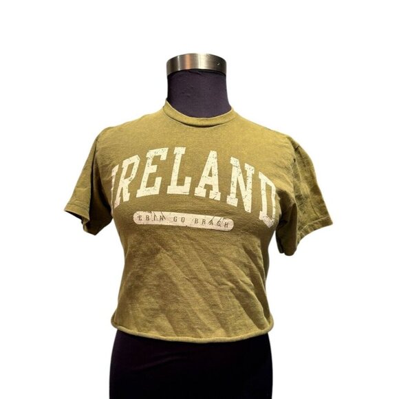 Army Green Crop Tee Ireland Erin Go Bragh Short Sleeve Distressed Cotton‎ Medium - Picture 1 of 8